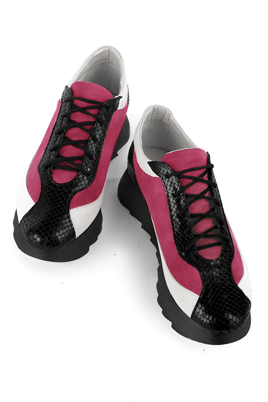 Satin black, fuschia pink and off white women's elegant sneakers. Round toe. Low rubber soles. Top view - Florence KOOIJMAN
